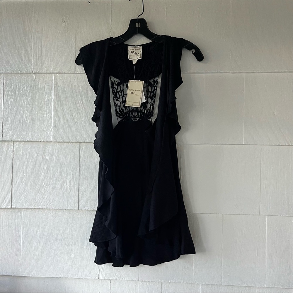Floppy Flowy Black Cotton Vest with Crocheted Back size M NEW WITH TAGS 🖤✨